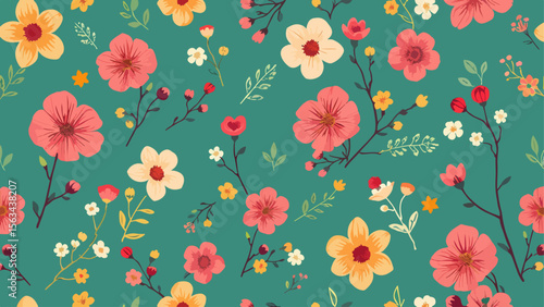 Tender delicate cute elegant lovely floral colorful spring summer red, blue, purple and yellow wildflowers and pink roses with green leaves pattern watercolor hand illustration