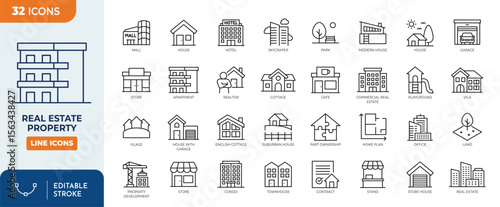 Real estate Properties line editable icon set. Containing, Urban architecture, building, skyscraper, and more. Editable stroke. Vector illustration