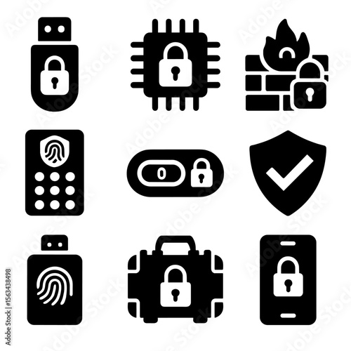 Hardware Security Icons. Solid vector icons of hardware security: USB with lock, secure chip icon, hardware firewall icon,