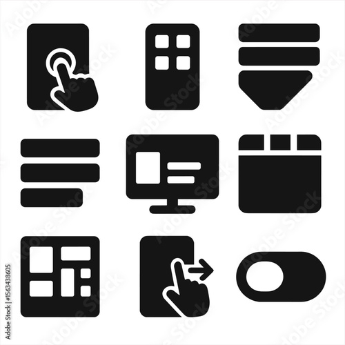 UI Icons Collection. Solid vector icons of digital interfaces and applications: touchscreen tablet icon, mobile app grid, dropdown
