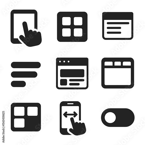 UI Icons Collection. Solid vector icons of digital interfaces and applications: touchscreen tablet icon, mobile app grid, dropdown