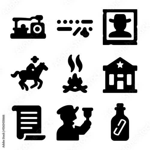 Western Communication Icons. Solid vector icons of western communication: telegram device, Morse code icon, wanted telegram poster