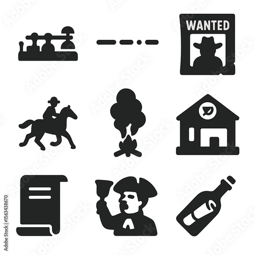Western Communication Icons. Solid vector icons of western communication: telegram device, Morse code icon, wanted telegram poster