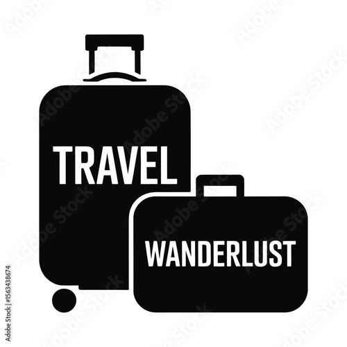 Two black suitcases with the words travel and wanderlust silhouette isolated on white background