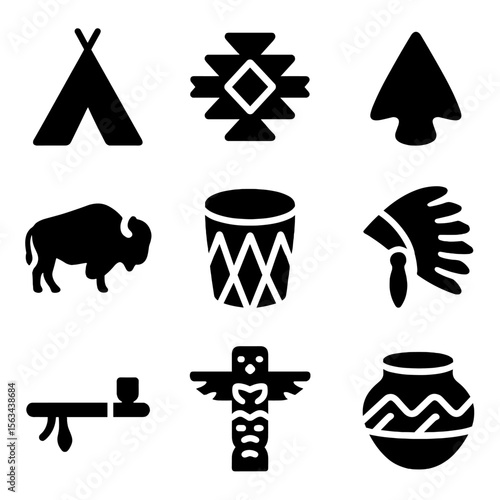 Native Western Icons. Solid vector icons of native western symbols: teepee tent, tribal pattern icon, arrowhead symbol, buffalo