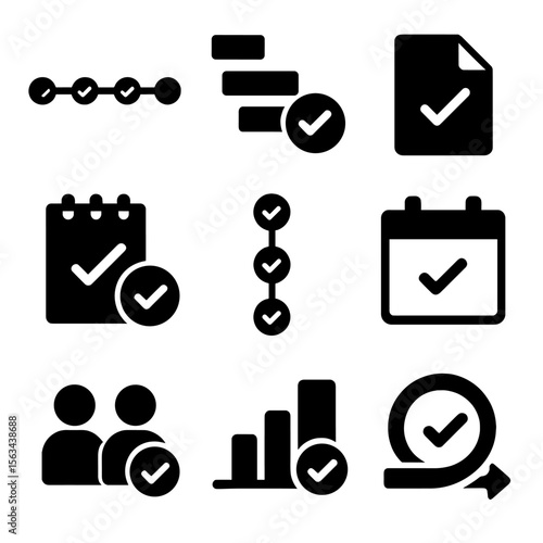 Project Success Icons. Solid vector icons of project and task success: timeline with ticks, Gantt chart completion icon, project