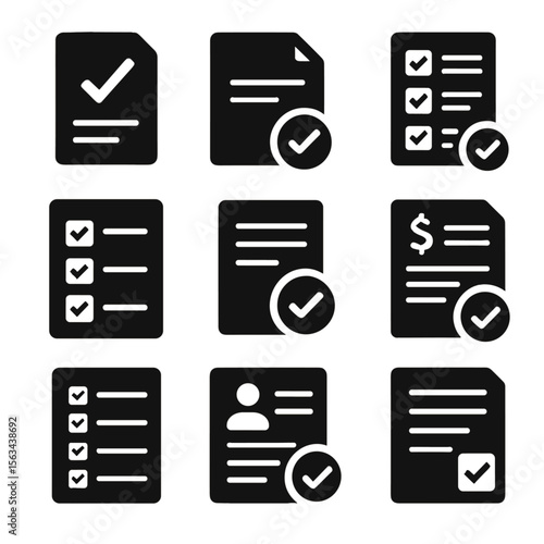 Paper Icon Set. Solid style icons of paper and form completion: survey sheet with tick, application with checkmark, checklist