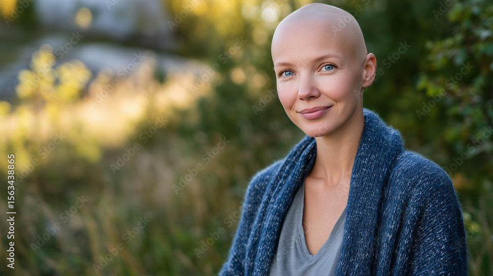 Fototapeta premium Empowering outdoor portrait of bald female cancer survivor, eyes full of hope and determination, sunlight casting soft highlights on smooth skin, natural environment enhancing her