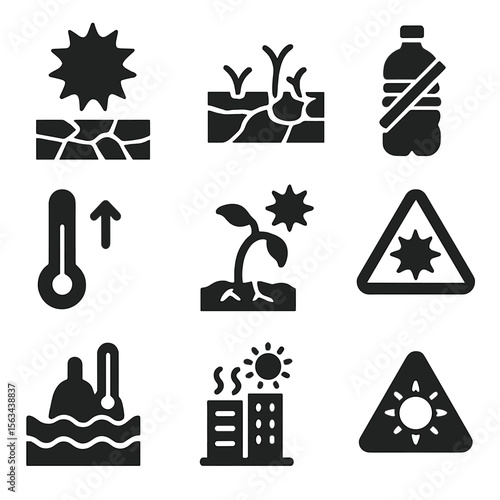Heatwave Symbols. Solid vector icons of heatwaves and drought: sun with crack symbol, dry soil icon, empty reservoir, water ration