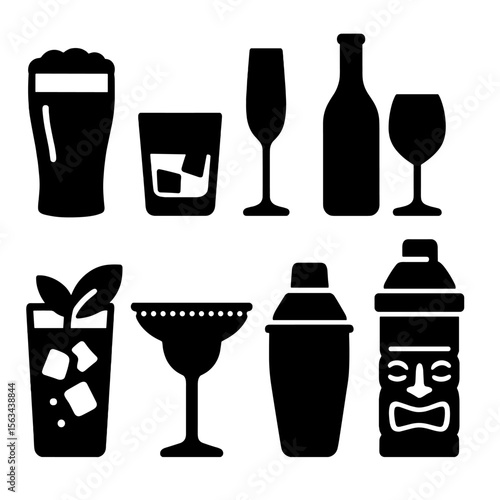 Alcoholic Drink Icons. Solid style icons of alcoholic drinks: pint glass of lager, whiskey tumbler icon, champagne flute