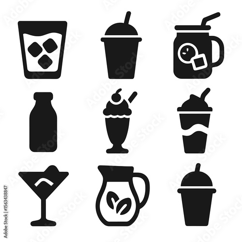 Cold Drink Icons. Solid vector icons of cold drinks: glass with ice cubes, iced coffee tumbler, lemonade jar with straw, cold brew