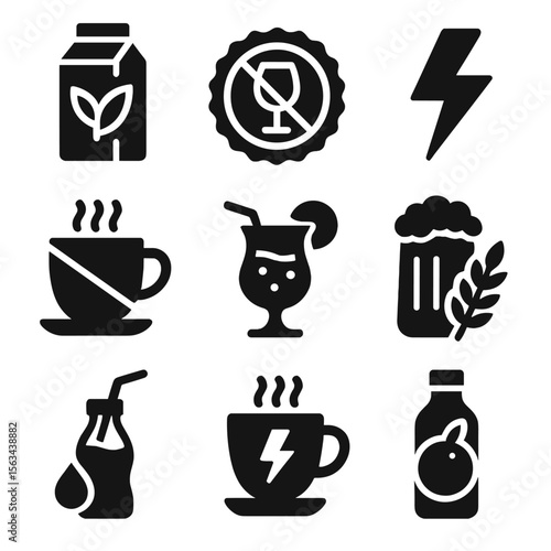 Drink Icon Collection. Solid style icons of drink labels and categories: vegan drink icon, non-alcoholic badge, energy symbol,