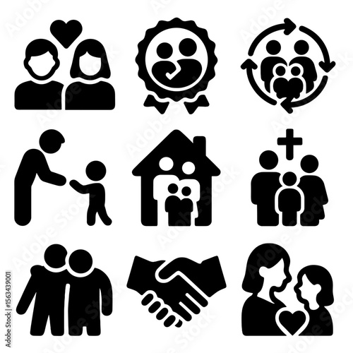Family Values Icons. Solid style icons of family values: love and respect icon, honesty badge in family, unity circle, tradition
