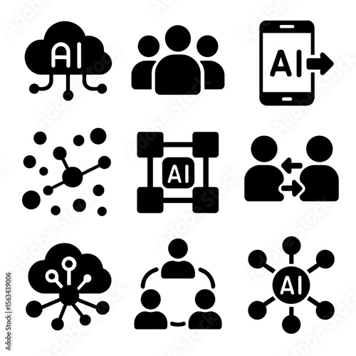 AI Network Icons. Solid vector icons of AI network systems: cloud AI node map, distributed AI agents, edge-device AI symbol, swarm