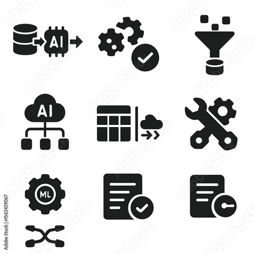 AI Data Pipeline Icons. Solid style icons of AI data pipelines: input → process → output icon, data preprocessing icon, cleaned