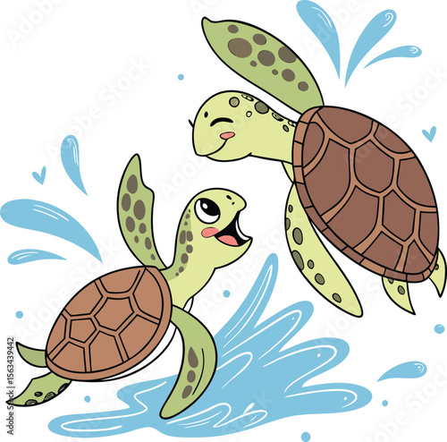 Two playful green and brown turtles swimming vector illustration