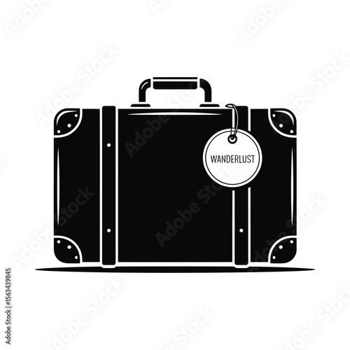 Retro suitcase with wanderlust tag silhouette isolated on white background