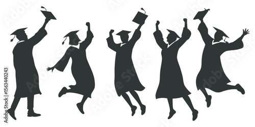 A horizontal row of silhouettes of multiple graduating students.  Each student is jumping in the air, wearing a graduation gown and cap, with arms raised in celebration