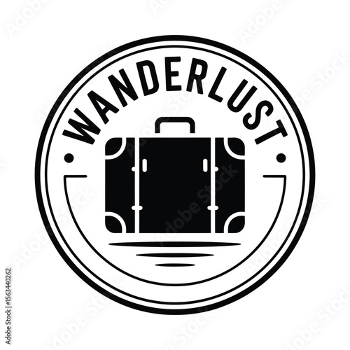 Retro suitcase with wanderlust text and wavy lines silhouette isolated on white background