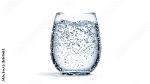 A clear glass filled with sparkling water resting on a white surface.