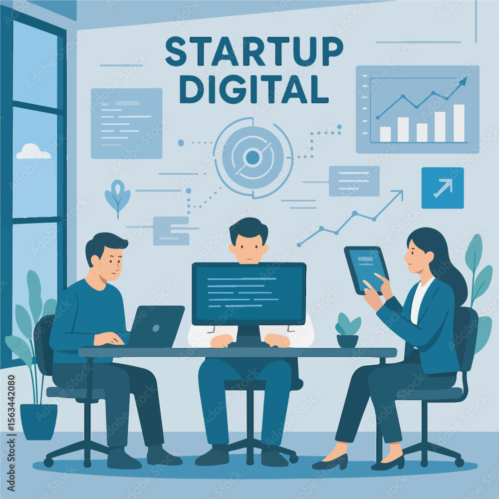 Productive business people engage in teamwork and communication at their office desks, utilizing laptops and computers for corporate success Productive business people engage in teamwork and communication at their office desks, utilizing laptops and computers for corporate success