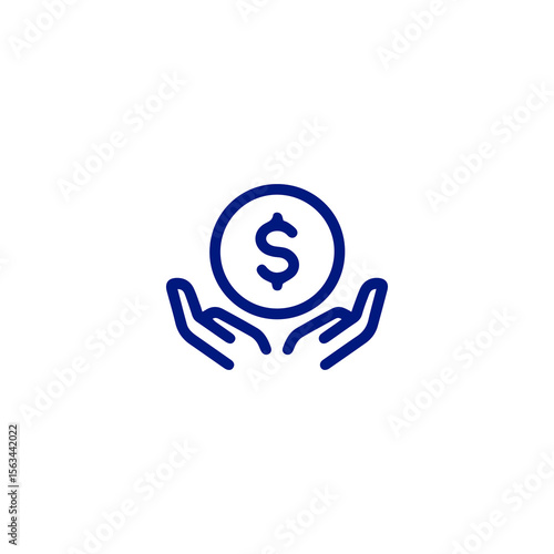 Stylized Hands Offering a Dollar Coin, Financial Support Icon in Blue