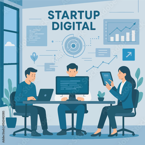 Productive business people engage in teamwork and communication at their office desks, utilizing laptops and computers for corporate success
