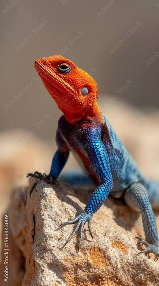 Vibrant Red-Headed Agama Lizard Perched on Sunlit Rock Vibrant Red-Headed Agama Lizard Perched on Sunlit Rock