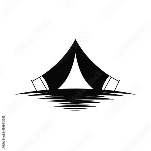 Black silhouette of a tent pitched on water isolated on white background 