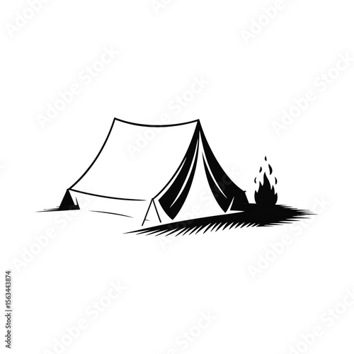 Camping tent and campfire silhouette isolated on white background