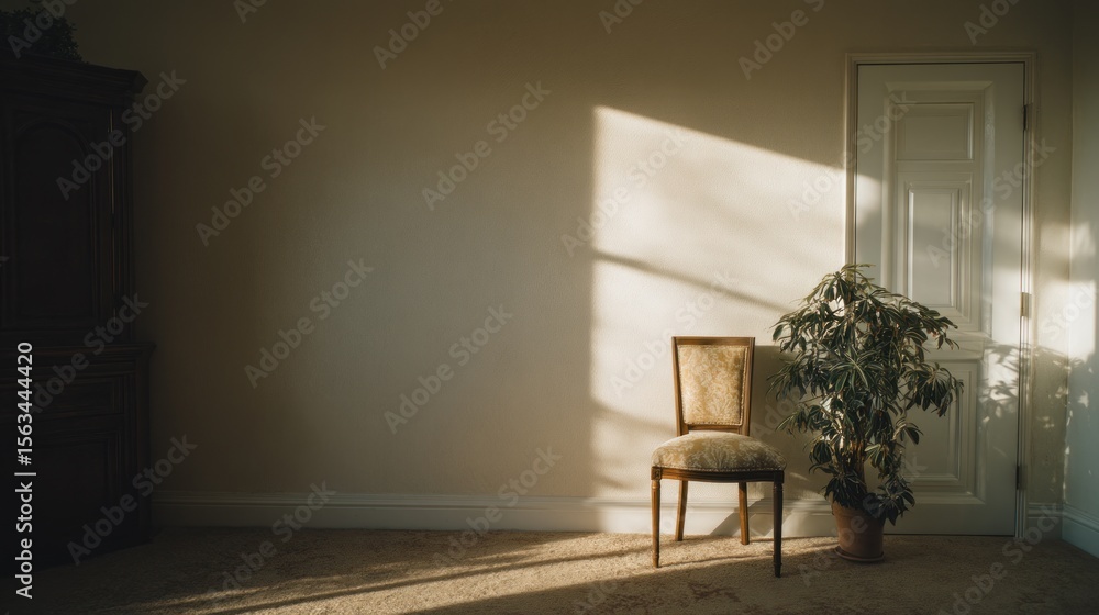 Fototapeta premium Quiet corner: sunlight casting shadows in room featuring classic furniture