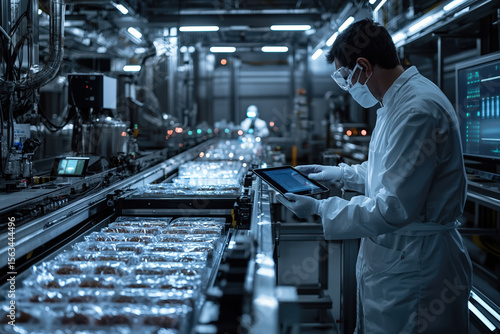 A food processing plant, where automated conveyor belts move neatly packaged products. A scientist in a white lab coat checks the quality using a digital tablet.
