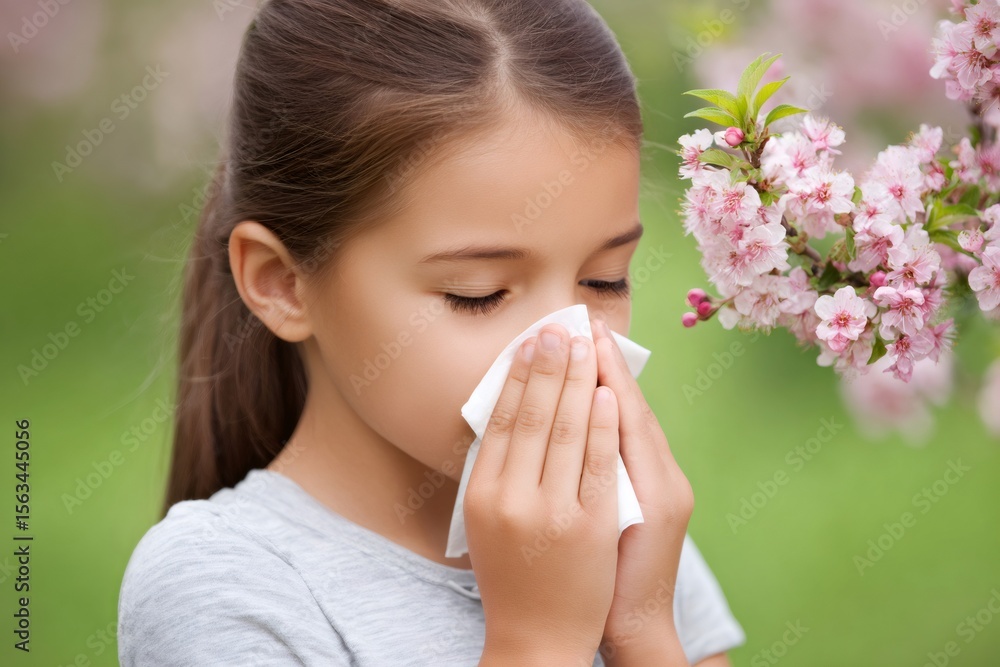 Little girl blowing nose suffering from spring allergy outdoors near blooming tree Little girl blowing nose suffering from spring allergy outdoors near blooming tree
