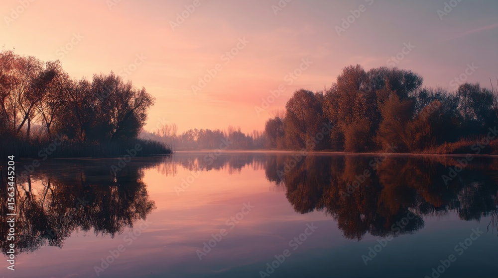 Obraz premium Serene sunrise over a tranquil lake with trees reflected on the water