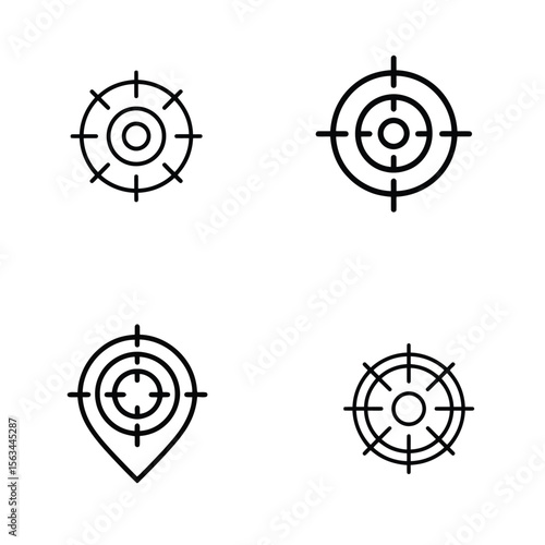 Four Black Line Art Target Icons on White Background Location Eight Set of Simple Aiming Symbols Concentric Circles Crosshairs Graphic Design Elements for Website App User Interface