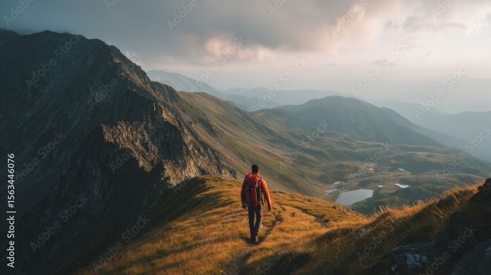 Fototapeta premium Hiker Alone on a Scenic Mountain Trail in the Golden Hour Light