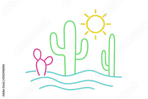 Featuring vibrant neon cacti, a charming succulent, and a stylized sun radiating warmth over a transparent backdrop