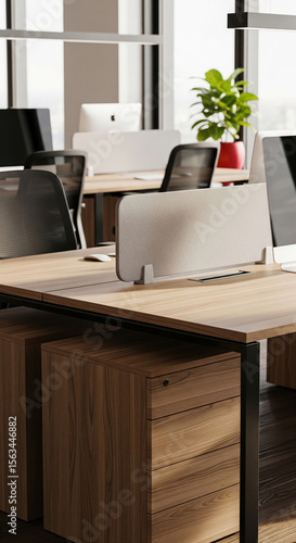 Wallpaper Mural Modern office workspace detail: light wood desk, fabric divider, and wood filing cabinet showcase a minimalist, professional design ideal for business or office concepts Torontodigital.ca