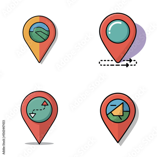 Free Download Four Colorful Location Pin Icons Set Illustration Orange Red Green Teal Yellow Landscape Map Route Navigation Symbols Design Elements Graphic Flat Style - GFXLoad