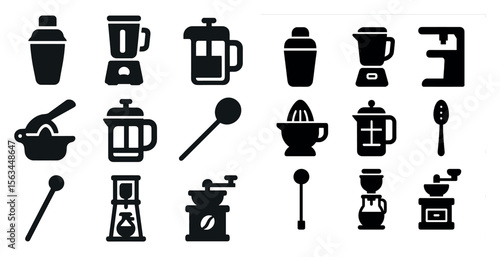 Collection of kitchen appliances and utensils. The appliances include a blender, a juicer, a coffee grinder, a mixer, a food processor, a toaster, a juicer, a coffee maker, a blender
