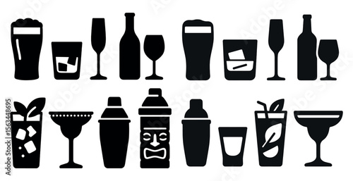 Collection of various drinks and glasses, including martinis, margaritas, and margarita glasses
