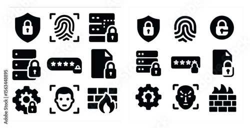 Set of icons for security and privacy. The icons include a lock, a fingerprint, a fire, and a person. The icons are all black and white, and they are arranged in a grid