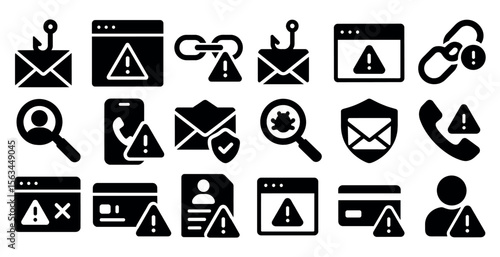 Collection of icons depicting various security threats. The icons include a magnifying glass, a phone, a credit card, a key, a person, and a computer. Scene is one of caution and vigilance