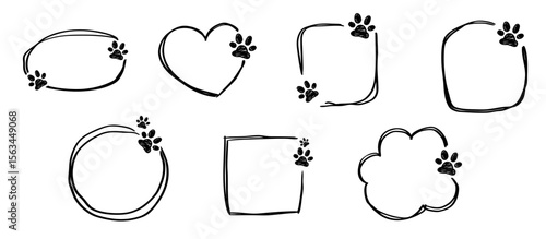 Set of doodle paw footprint frame. Sketch shape frames with paws. Hand drawn heart, circle, square, bubble line shapes with cute pet footsteps.