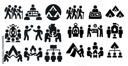 Collection of black and white icons depicting various outdoor activities. The icons include people sitting around a campfire, people sitting around a table, people sitting around a tent