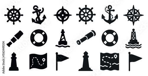 Collection of black and white icons for various maritime objects such as a compass, anchor, buoy, and life preserver