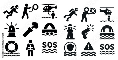 Collection of black and white icons that represent various water-related safety measures. The icons include a man in a life jacket, a man in a rescue suit, a man in a helicopter, a man in a boat