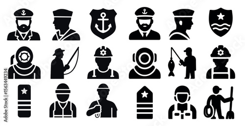 Collection of black and white icons of men in various professions. The icons include a police officer, a firefighter, a diver, a fisherman, and a sailor