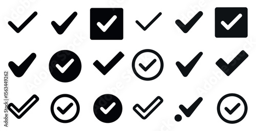 Collection of black and white check marks. The check marks are arranged in a grid, with some overlapping and others not. Scene is one of organization and structure