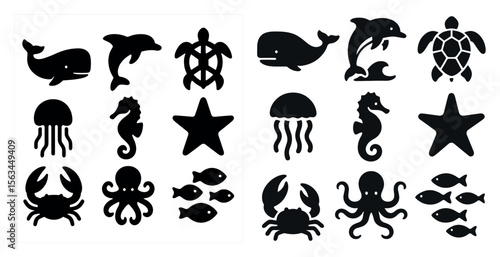 Variety of sea creatures, including a starfish, a crab, a jellyfish, a dolphin, a whale, and a turtle. The black and white nature of the image gives it a classic, timeless feel